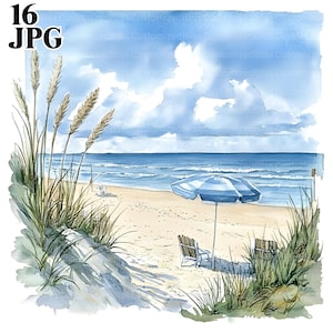 16 imágenes prediseñadas de escenas de playa, imágenes prediseñadas de playa, imágenes prediseñadas de verano, archivos JPG de alta calidad, imágenes prediseñadas de acuarela, diario basura, descarga digital, manualidades de papel