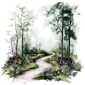 May include: A watercolor painting of a winding path through a misty forest. The path is lined with green trees and bushes, and there are pink flowers blooming along the sides. The painting has a soft, dreamy feel.