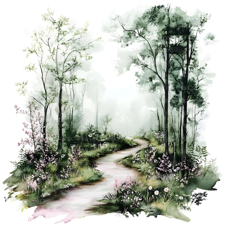 May include: A watercolor painting of a winding path through a misty forest. The path is lined with green trees and bushes, and there are pink flowers blooming along the sides. The painting has a soft, dreamy feel.
