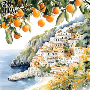 20 Italian Coast Clipart, Amalfi Citrus Coast, High Quality JPGs, Watercolor Clipart, Junk Journal, Digital Download, Paper Craft, Clip Art