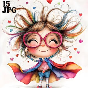 15 schrullig Mädchen Clipart, schrullig Superheld Mädchen, wunderliche Ephemera, hochwertige JPG, Aquarell Clipart, Junk Journal, kommerzielle Nutzung