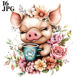 16 Clipart de cochon café floral, cochon mignon, clipart porcelet, couronne de fleurs, tasse à café, clipart café, fichiers JPG de haute qualité, téléchargement numérique