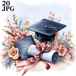 20 Graduation Clipart, Graduation Diploma, Biretta Clipart, High Quality JPG, Watercolor Clipart, Junk Journal, Digital Download Paper Craft