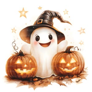 May include: A watercolor illustration of a friendly ghost wearing a witch hat, flanked by two carved pumpkins with glowing faces. The image has a Halloween theme, with stars and autumn leaves.