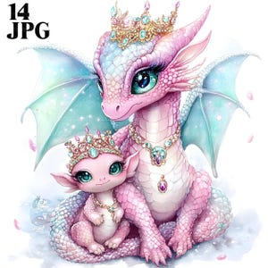 14 Clipart dragon, bébé dragon, clipart maternité, princesse fille, clipart maman, clipart aquarelle, Junk Journal, téléchargement numérique, JPG