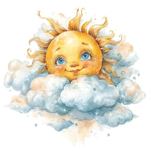 May include: A watercolor illustration of a smiling sun with bright yellow rays and large blue eyes, partially obscured by fluffy, light blue and white clouds. Small, dark blue star shapes are scattered throughout the cloud formation.