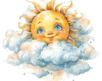 31 sol med öppna ögon clipart, akvarell solillustration, nyckfull sol, konstnärlig soldesign, moln clipart, skräpjournal clipart, JPG
