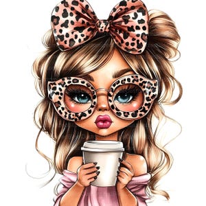 May include: A cartoon illustration of a woman with blonde hair wearing leopard print sunglasses and a leopard print bow. She is holding a white to-go coffee cup.