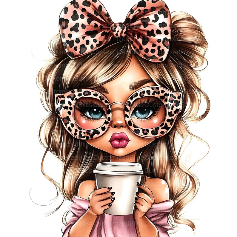 May include: A cartoon illustration of a woman with blonde hair wearing leopard print sunglasses and a leopard print bow. She is holding a white to-go coffee cup.