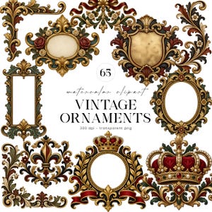 Puede incluir: Una colección de 65 adornos vintage de acuarela digital que incluyen marcos dorados ornamentados, escudos, coronas y motivos florales en rojo, verde y negro. El texto dice 65 watercolor clipart VINTAGE ORNAMENTS 300 dpi - transparent png.