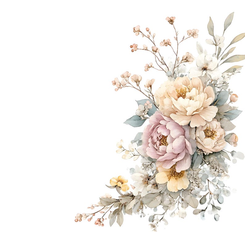 May include: A floral arrangement featuring soft peach, dusty pink, and pale yellow blossoms. The bouquet includes delicate green and grey-toned foliage, small buds on thin stems, and layered petals, all organized in a corner-style composition.