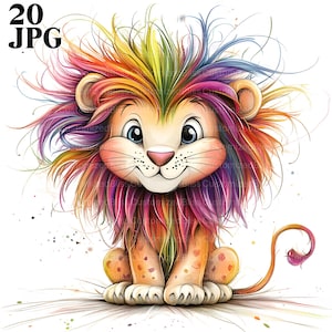 20 imágenes prediseñadas de leones extravagantes, leones lindos, uso comercial, efímeras extravagantes, imágenes prediseñadas de acuarela, JPG, descarga instantánea, diario basura, manualidades de papel