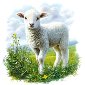 May include: A white lamb with fluffy fur stands in a field of green grass and yellow flowers. The lamb has a sweet expression on its face and is looking directly at the viewer.