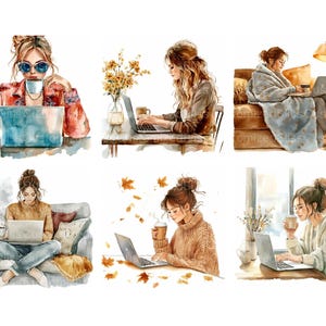 May include: Six watercolor illustrations of women working on laptops in various settings. The women are wearing casual clothing and are surrounded by autumnal elements like leaves, flowers, and blankets.