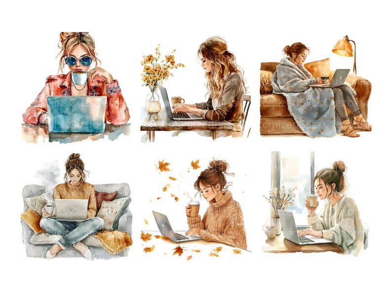 May include: Six watercolor illustrations of women working on laptops in various settings. The women are wearing casual clothing and are surrounded by autumnal elements like leaves, flowers, and blankets.