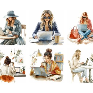 May include: Six watercolor illustrations of women working on laptops at tables. Each woman is wearing different clothing and has a different hairstyle. The illustrations are set against a white background.