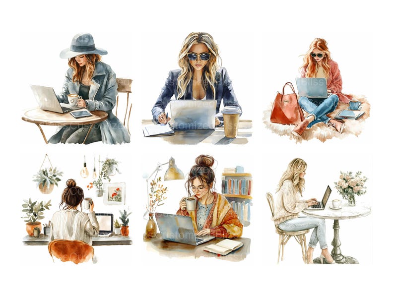 May include: Six watercolor illustrations of women working on laptops at tables. Each woman is wearing different clothing and has a different hairstyle. The illustrations are set against a white background.