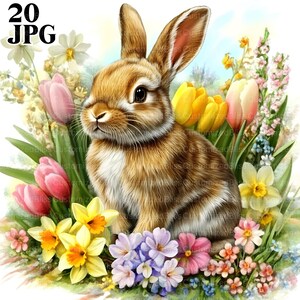 20 Frühling Kaninchen Clipart, Hase Clipart, Frühling Clipart, Blumen Clipart, hochwertige JPGs, Junk Journal, digitaler Download, Papierwesen