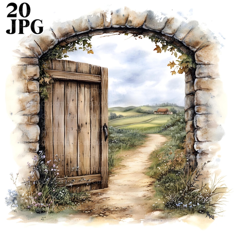 May include: A watercolour painting of a stone archway with a wooden door opening to reveal a path leading to a farmhouse in a field.