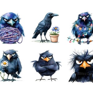 May include: Six watercolor illustrations of blue crows with different expressions. One crow is holding a ball of yarn, another is holding a daisy, another is holding a pot with a flower, another is holding a string of Christmas lights, another is standing with its arms crossed, and another is looking at the viewer with a grumpy expression.