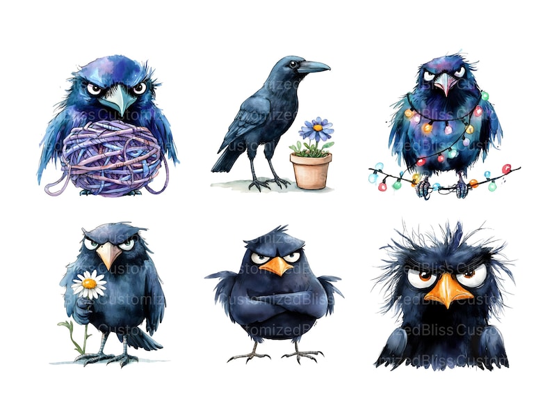 May include: Six watercolor illustrations of blue crows with different expressions. One crow is holding a ball of yarn, another is holding a daisy, another is holding a pot with a flower, another is holding a string of Christmas lights, another is standing with its arms crossed, and another is looking at the viewer with a grumpy expression.