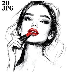 20 Woman with Lipstick Clipart, Face Line Art Clipart, High Quality JPGs, Watercolor Clipart, Junk Journal, Digital Download, Paper Craft