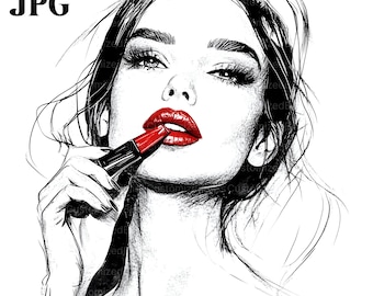 20 Woman with Lipstick Clipart, Face Line Art Clipart, High Quality JPGs, Watercolor Clipart, Junk Journal, Digital Download, Paper Craft