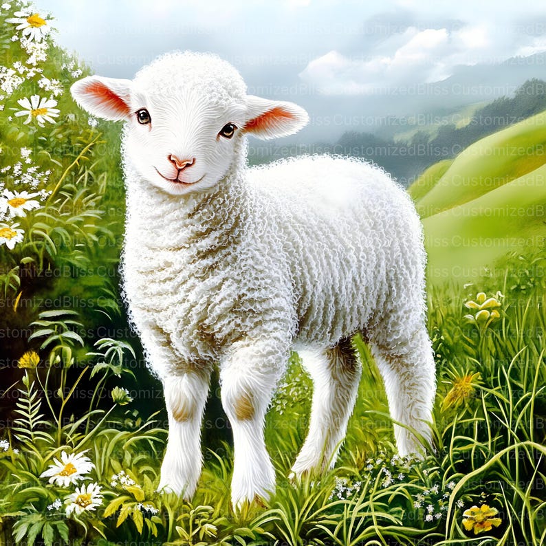 May include: A white lamb with fluffy fur stands in a field of green grass and white daisies. The lamb has a sweet expression on its face and is looking directly at the viewer.