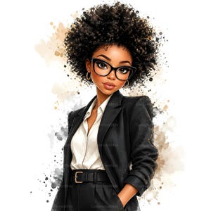 May include: Illustration of a woman with dark skin wearing a black suit, white shirt, and glasses. She has curly black hair and gold hoop earrings. The image has watercolor-style paint splatters in the background.