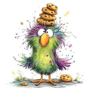 Op de afbeelding: Een grillige illustratie van een pluizige, veelkleurige vogel met groene, paarse en blauwe veren. De vogel heeft grote, verbaasde ogen, een oranje snavel en een stapel van vier koekjes met chocoladestukjes op zijn kop, plus twee op de grond.