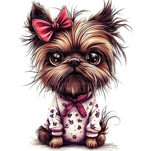Pu&ograve; includere: Un cane Yorkshire Terrier marrone e bianco con un fiocco rosa e una camicia a fantasia rosa e bianca con un papillon rosso. Il cane &egrave; seduto su uno sfondo bianco.