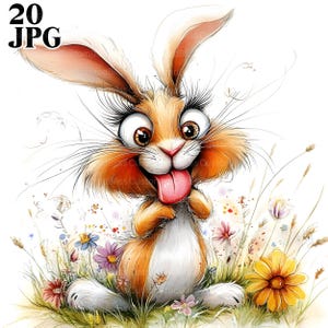 20 Clipart drôle de lapin original, lapin mignon, lapin éreinté, JPG de haute qualité, clipart aquarelle, indésirable Journal téléchargement numérique créations en papier