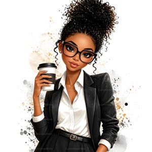 May include: Illustration of a woman with dark curly hair wearing black glasses, a black blazer, and a white button-down shirt. She holds a coffee cup with a black sleeve. The background has gold and gray watercolor splashes.