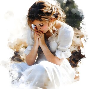 May include: A woman in a white dress with her hands clasped in prayer. The image is painted in a watercolor style with a soft, dreamy feel.