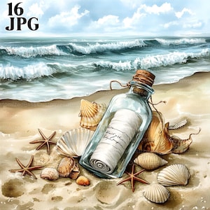 Opmerking in een fles clip art bundel, 16 high-res aquarel jpg's junk journaling, scrapbooking, kaarten maken, digitale download bericht in fles