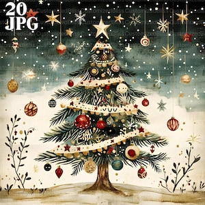 Bundle de cliparts sapin de Noël scandinave, 20 fichiers JPG aquarelles de haute qualité, vacances d'hiver, journal indésirable, scrapbooking, téléchargement numérique