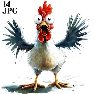 14 Clipart drôle de poulet, coq funky, illustration de poulet idiot, poulet hilarant, poulet de pépinière, fichiers JPG de haute qualité, téléchargement numérique