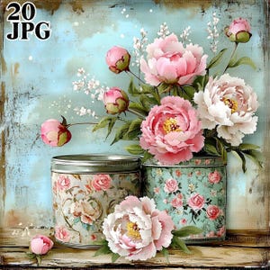 20 imágenes prediseñadas de latas y flores estilo shabby chic retro, JPG de alta calidad, imágenes prediseñadas de acuarela, diario basura, descarga digital, manualidades de papel, imágenes prediseñadas