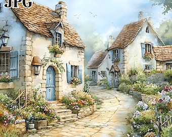 19 Rustic Village Clipart, Pretty Village, European Village, Old Village, Stone House Clipart, Junk Journal, Digital Download, Clip Art, JPG