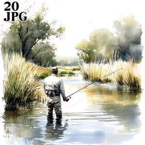 20 imágenes prediseñadas de hombre pescando, imágenes prediseñadas de pescador, imágenes de pesca, JPG de alta calidad, imágenes prediseñadas de acuarela, diario basura, descarga digital, manualidades de papel