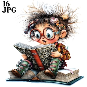 16 Imágenes prediseñadas de un niño peculiar leyendo un libro, niño caprichoso, JPG de alta calidad, imágenes prediseñadas de acuarela, diario basura, descarga digital, manualidades de papel