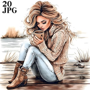 20 Aquarell Mädchen Clipart, Mädchen mit Kaffee Clipart, hochwertige JPGs, Aquarell Clipart, Junk Journal, digitaler Download, Papierwesen