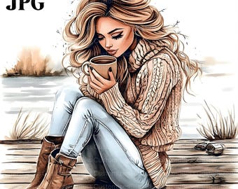 20 Watercolor Girl Clipart, Girl With Coffee Clipart, High Quality JPGs, Watercolor Clipart, Junk Journal, Digital Download, Paper Craft