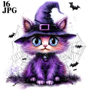 16 Halloween Cat Clipart, Cat with Witch Hat, Spooky Kitten, Quality JPGs, Watercolor Clipart, Junk Journal, Digital Download, Paper Craft