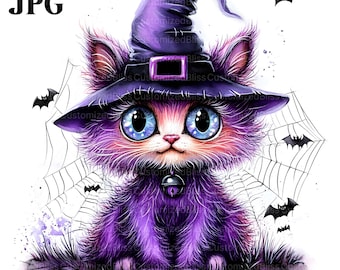 16 Halloween Cat Clipart, Cat with Witch Hat, Spooky Kitten, Quality JPGs, Watercolor Clipart, Junk Journal, Digital Download, Paper Craft