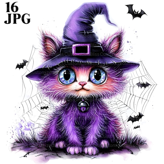 ハロウィン猫のクリップアート16点、魔女帽子をかぶった猫