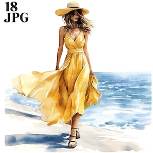 Könnte beinhalten: Aquarellillustration einer Frau in einem fließenden gelben Kleid und Strohhut, die an einem Strand spaziert. Das Kleid hat einen V-Ausschnitt und eine Taille mit Gürtel. Das Bild enthält den Text "18 JPG" in der oberen linken Ecke.