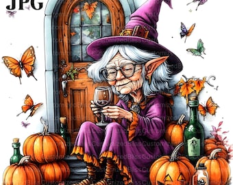 18 Halloween Old Lady Clipart, Funny Grandma, Halloween Granny, Quality JPG, Watercolor Clipart, Junk Journal, Digital Download, Paper Craft