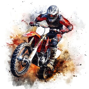 Peut inclure: Illustration de style aquarelle d'un pilote de motocross sur une moto rouge et blanche. Le pilote porte un casque et un &eacute;quipement rouge et noir, captur&eacute; en l'air avec des &eacute;claboussures marron et orange, sugg&eacute;rant vitesse et action.