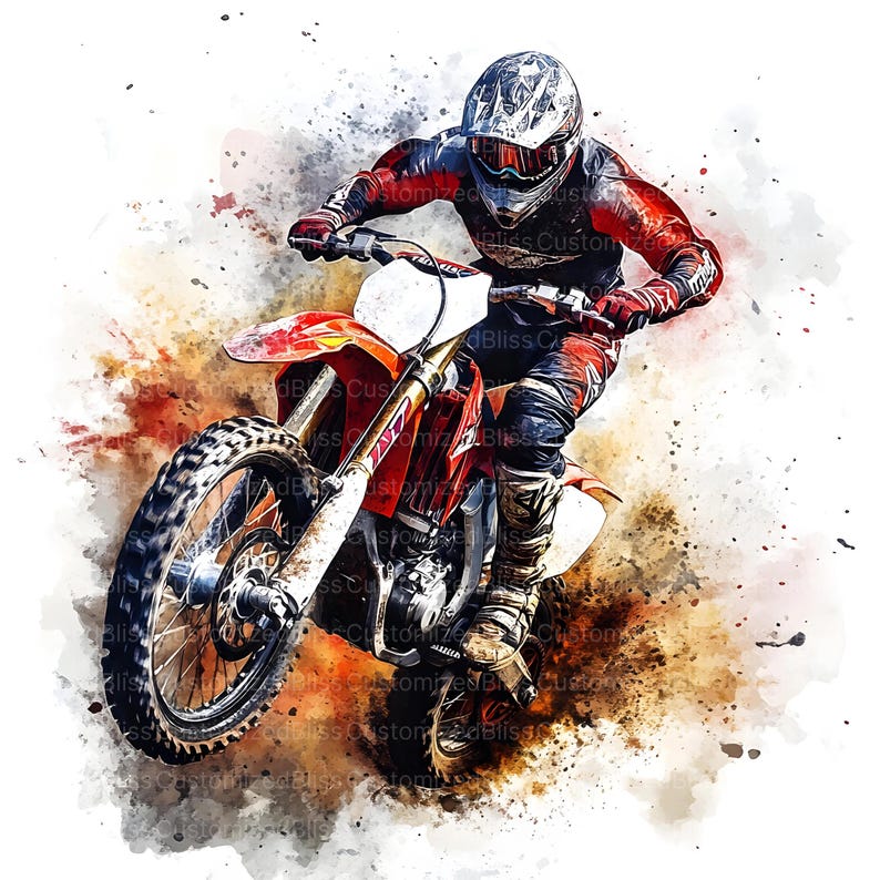 Peut inclure: Illustration de style aquarelle d'un pilote de motocross sur une moto rouge et blanche. Le pilote porte un casque et un &eacute;quipement rouge et noir, captur&eacute; en l'air avec des &eacute;claboussures marron et orange, sugg&eacute;rant vitesse et action.